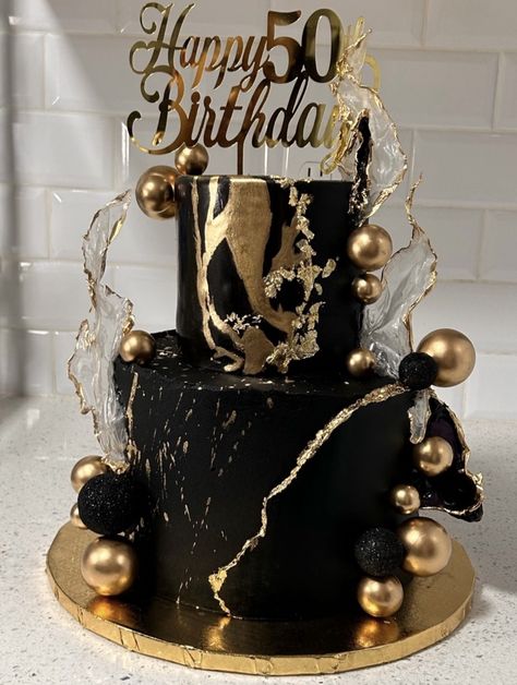 Grand Birthday Cake, Black Gold And Silver Birthday Cake, 50 Years Birthday Cake Men, Black Gold Cake Men, 50 Cake Birthday Men, Black And Gold 50th Birthday Cake, 60th Birthday Cake Ideas For Dad, Black And Gold Sheet Cake, Gatsby Party Cake