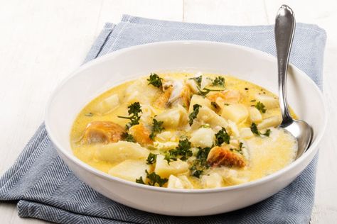 Main course: Lady Claire Macdonald shares her recipe for smoked haddock chowder | Press and Journal Haddock Chowder Recipe, Scottish Puddings, Edinburgh London, Smoked Haddock, Oyster Crackers, London Vacation, Chowder Recipes, Vacation Packages, Seafood Dishes