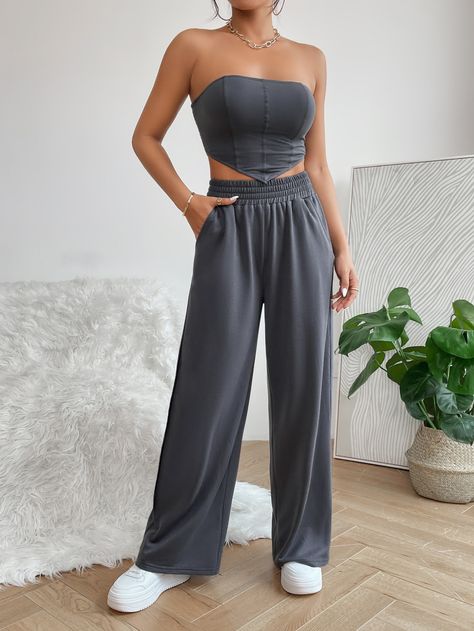 SHEIN PETITE Shirred Back Hanky Hem Crop Tube Top & Wide Leg Pants Crop Tube Top, Hanky Hem, Cropped Tube Top, Amazing Products, Tube Top, Leg Pants, Wide Leg Pants, Wide Leg, Jumpsuit