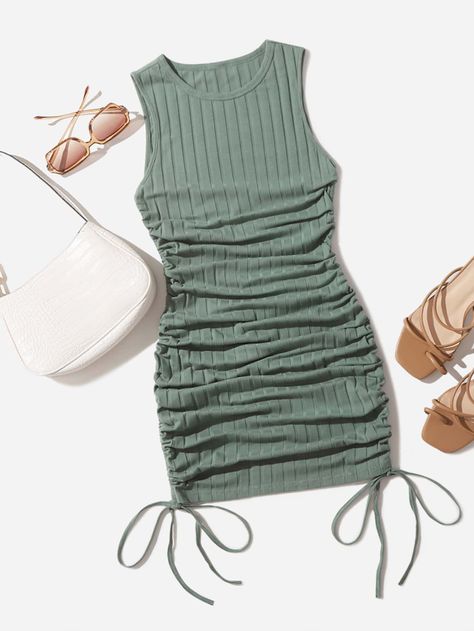 Mint Green Casual  Sleeveless Cotton Plain Bodycon Embellished Non-Stretch Summer Women Dresses Green Cami Dress, Casual Dressy Outfits, Teenage Dress, Style Bleu, Cute Dress Outfits, Cute Lazy Day Outfits, Elegantes Outfit, Dressy Outfits, Really Cute Outfits