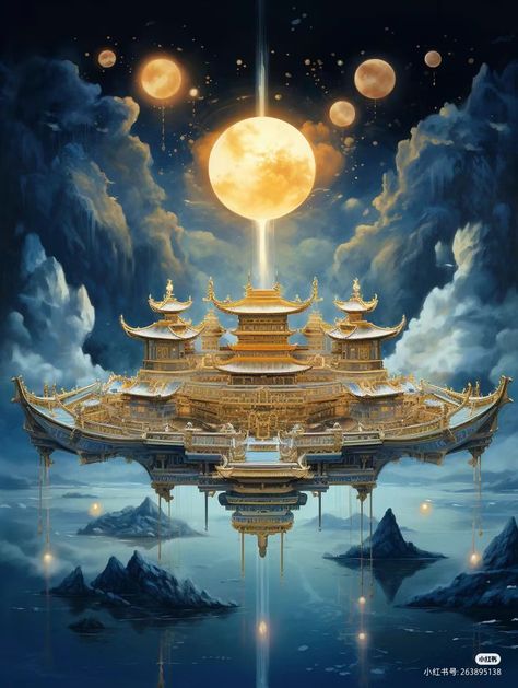 Fantasy Chinese City, Chinese Palace Fantasy Art, Manhua Background, China Castle, Chinese Castle, Asian Moon, Mystical Kingdom, China Moon, Chinese Palace