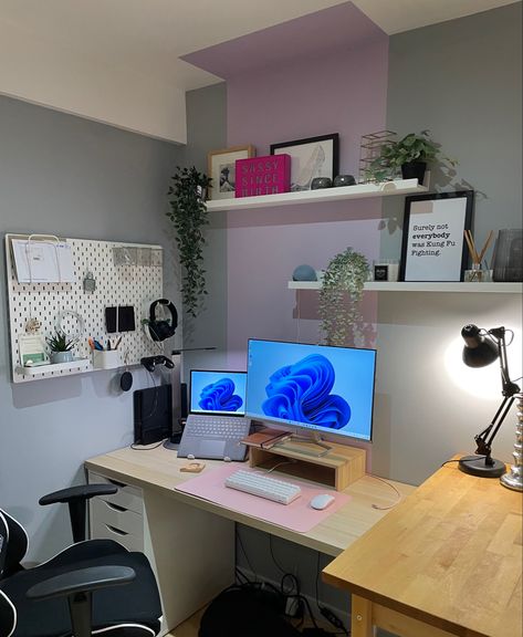 Colour blocked wall above my work station. Faux plants as the corner dows not get much natural light. Work Corner, Office Corner, Desk Areas, Corner Wall, Work Station, Block Wall, Faux Plants, Colour Block, Home Office Decor