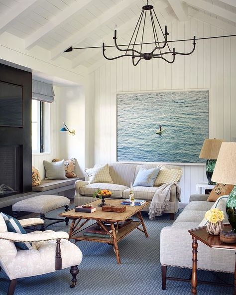 Palmer Weiss on Instagram: “Happy Long Weekend! I know it is snowing most places, but we would be happy to camp out in this client’s pool house rain, shine or snow!…” Cabana Design, Pool House Design, Happy Long Weekend, Striped Sofa, Bamboo Coffee Table, Cottage Living Rooms, Cozy Living Spaces, Living Room Ceiling, Blue Living Room