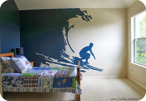 Surfer Boy Stencil...where to get it!@ Make Them Wonder Blog Surf Room Ideas, Shark Bedroom, Surf Bedroom, Surfer Room, Surf Room, Surfer Boys, Surfer Boy, Boys Bedrooms, Boy's Bedroom