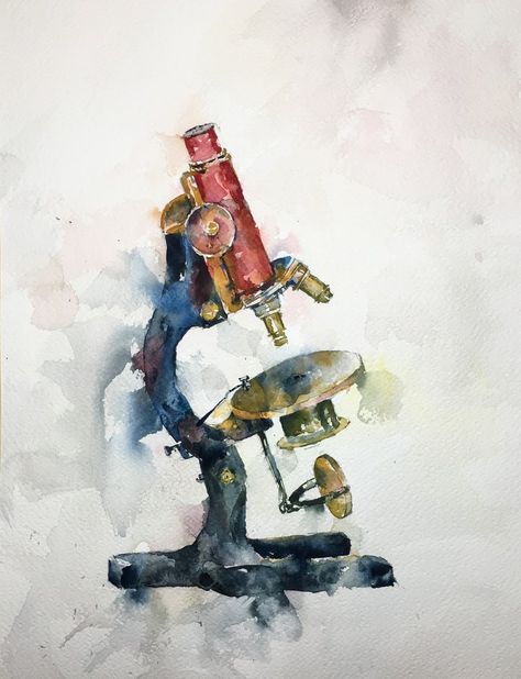 Antique Microscope.  Watercolor by Michele Clamp Microscope Art Drawing, Science Paintings, Chemistry Painting, Microscope Drawing, Antique Microscope, Biotechnology Art, Science Painting, Microscope Art, Science Watercolor