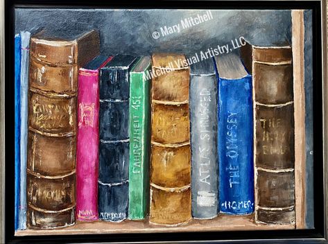 I painted this sometime in 2019, “Reading Great Books” Painting Books On Canvas, Bookshelf Acrylic Painting, Painting Books, Painted Books, Great Books, Painting Inspiration, Acrylic On Canvas, Book Art, Music Book