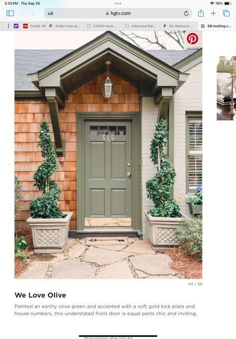 Olive Green Front Door, Ranch Front Porch, Tan House, Green Shutters, Green Front Doors, House On The Rock, Ranch Style Homes, White Brick, Exterior House Colors