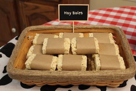 Basket filled with "Hay Bales". Rice krispie treats wrapped with brown paper. Themed Rice Krispie Treats, Farm Birthday Party, Hay Bales, Farm Birthday, Rice Krispie Treats, Rice Krispie, Farm Theme, Party Treats, Brown Paper