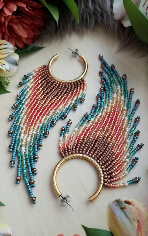 Zoom jewelry: statement earrings under $250. | Diamonds in the Library Hoop Fringe Earrings Diy, Beading Projects Earrings, Seed Bead Hoop Earrings Patterns, Bead Jewellery Patterns, Miyuki Fringe Earrings, Seed Bead Fringe Hoop Earrings, How To Seed Bead Earrings, Beading Hoop Earrings, Diy Bead Patterns