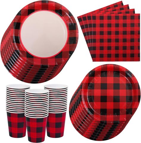 Amazon.com: Aneco 200 Pieces Red and Black Buffalo Plaid Dinnerware for 50 Guests Disposable Buffalo Check Paper Plates Cups and Napkins Tableware for Baby Shower Party Decorations : Health & Household Buffalo Plaid Party, Lumberjack Baby Shower, Plaid Party, Winter Birthday Parties, Lumberjack Party, Baby Boy 1st Birthday Party, Red And Black Flannel, Winter Birthday, Wedding Party Supplies