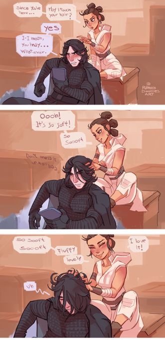 Kylo Ren Fan Art, Relaxing Hair, Star Wars Couples, Reylo Fanart, Kylo Rey, Kylo Ren And Rey, Star Wars Drawings, Rey Star Wars, Star Wars Comics