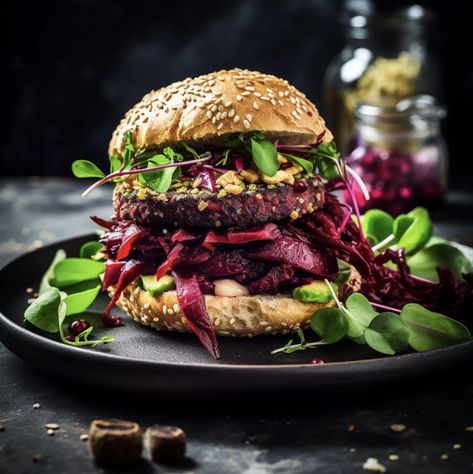 Delicious and Healthy Purple Veggie Burger with Beetroot Beetroot Burger, Beetroot Burgers, Veggie Burger, Vegan Diet, The Purple, Relish, Kiwi, Pesto, Food To Make