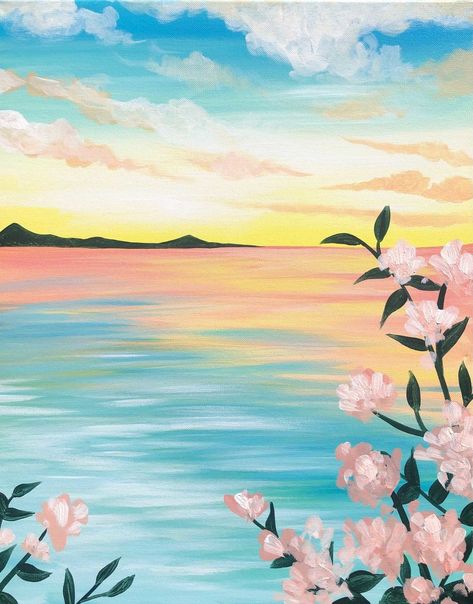 Already have your art supplies? Join our incredible instructors as they take you step by... Flower Paint And Sip, Summer Painting Acrylic, Cute Summer Paintings, Hibiscus Painting, Sunset Painting Ideas, Ocean Paintings On Canvas, Summer Paintings, Digital Art Software, Easy Acrylic Painting