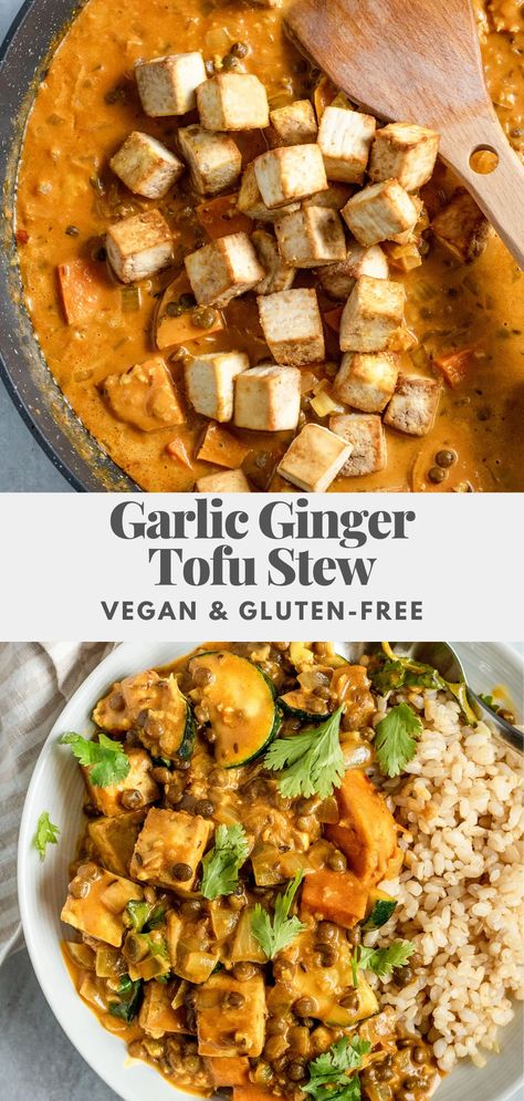 A vegan tofu stew infused with fresh ginger, garlic and a touch of spice. The perfect easy weeknight dinner recipe. This stew is vegan, gluten-free and can be easily modified to your preference. Vegan Dinner Recipes Tofu, Stew Tofu Recipes, Vegan Gluten Free Tofu Recipes, Spicy Tofu Stew, Easy Vegan Winter Meals, Vegan Ginger Recipes, Weeknight Vegan Dinners, Vegan Weeknight Dinners, Vegan Winter Dinner Recipes