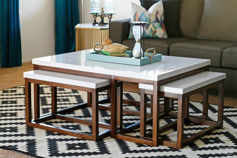 Learn how to build a modern, three way nesting coffee table with FREE building plans! Coffee Table With Seating, Coffee Table With Stools, Diy Projects Plans, Coffee Table Plans, Elegant Coffee Table, Nesting Coffee Table, Mirrored Coffee Tables, Condo Decorating, Large Coffee Tables