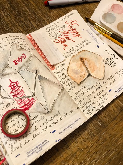 I have had Chinese food for dinner on New Years Eve ever since I was a child. I had alot of fun using watercolors to put this together Food For Dinner, Journal Watercolor, I Was A Child, Journal Entry, Journal Entries, Mail Art, Chinese Food, New Years Eve, A Child