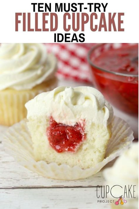 Fillings For Vanilla Cupcakes, Cupcake Flavors With Fillings, Filling Ideas For Cupcakes, Self Filled Cupcakes, Cupcake Filling Flavors, Bakery Cupcakes Recipe, How To Add Filling To Cupcakes, Pudding Stuffed Cupcakes, Fill Cupcakes How To