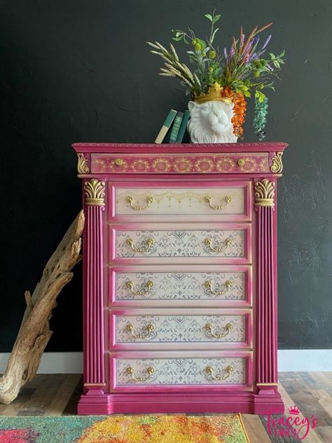 Plum Crazy Gold chest of drawers Chalk Paint Colors For Furniture, Gold Chest Of Drawers, Painted Night Stands, Dresser Painted, Whimsical Painted Furniture, Ikea Ideas, Diy Dresser Makeover, Damask Stencil, Pink Furniture