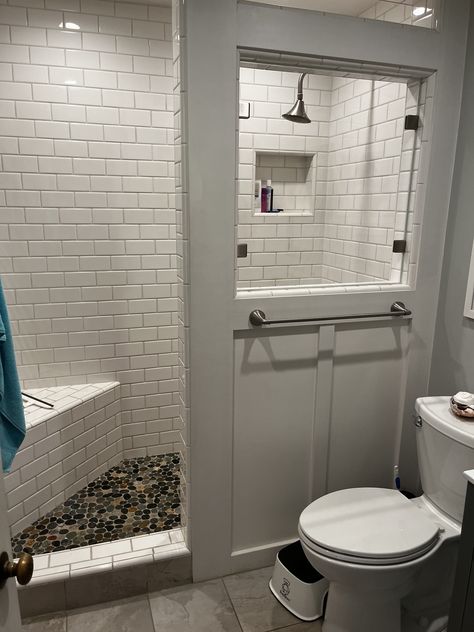 Removing Shower Insert, Small Walk In Shower Ideas Half Walls, Shower Door With Half Wall, Toilet Next To Shower Stall, Shower With Half Wall, Half Wall Bathroom, Half Wall Shower, Showers Without Doors, Tub To Shower Remodel