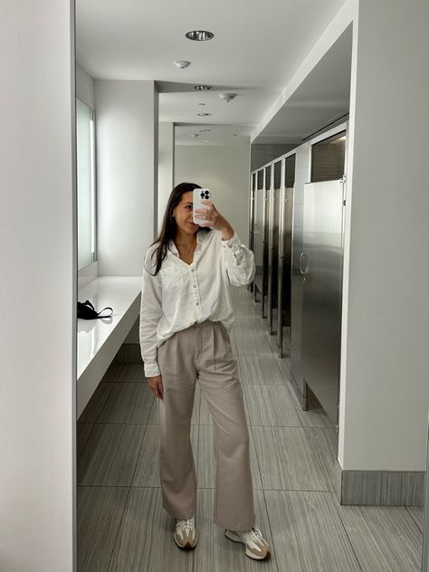 Work outfit, Abercrombie, sneakers, ootd, corporate, business casual, tailored pants, new balance, fall trends. Abercrombie Tailored Pants Outfit, New Balance Work Outfit, Tan Work Pants Outfit, Abercrombie Sloane Pant Outfit, Tan Pants Outfit Work, Tan Pants Outfit, White Trousers Outfit, Tailored Pants Outfit, Beige Pants Outfit