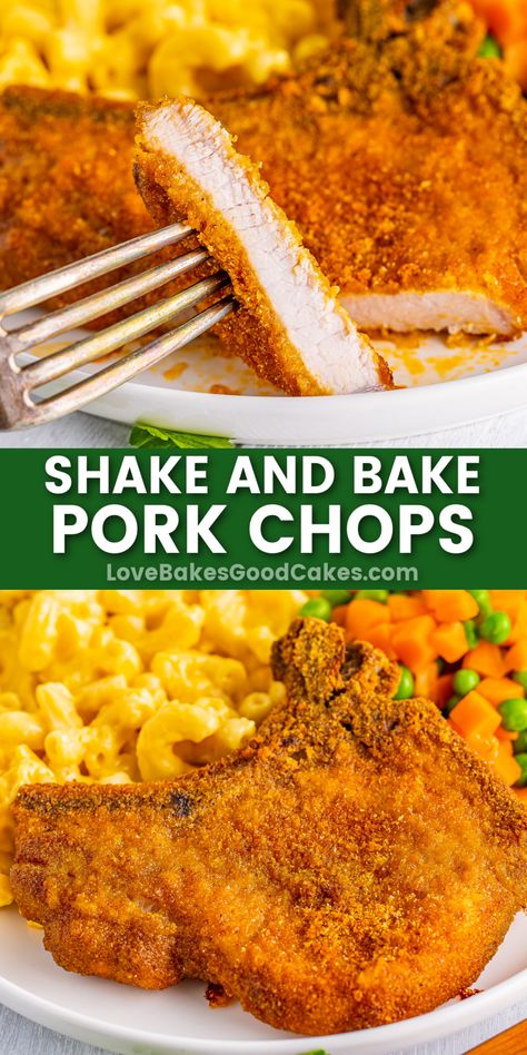 Shake and Bake Pork Chops pin collage Shaken Bake Pork Chops, Pork Chop Shake And Bake, Homemade Shake And Bake Pork Chops, Shake N Bake Pork Chops, Shake And Bake Pork Chops, Bake Pork Chops, Shake And Bake Pork, Homemade Shake And Bake, Best Pork Recipe