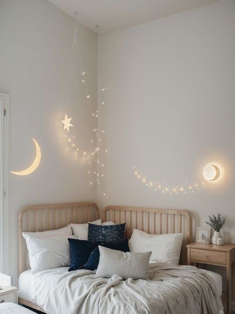 Create a dreamy bedroom aesthetic by incorporating celestial elements like starry string lights, moon-shaped wall decals, and galaxy-themed bedding. Complete the look with a minimalist, space-saving desk and a hanging chair for a cozy reading nook. Celestial Elements, Starry String Lights, Dreamy Decor, Space Saving Desk, Dreamy Bedrooms, Cozy Reading Nook, Cozy Reading, Space Theme, Bedroom Aesthetic