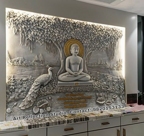 Buddha Tiles For Wall, Temple Ideas, Mandir Designs, Marble Sheets, Indian Traditional Paintings, Mural Art Design, Dry Wall, Small Space Interior Design, Temple Design For Home