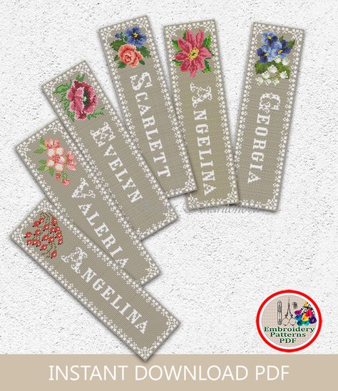 Bookmarks Cross Stitch, Sampler Embroidery, Roses And Violets, Alphabet Charts, Personalized Bookmarks, Cross Stitch Bookmarks, Flower Embroidery Designs, Pdf Patterns, Pattern Floral