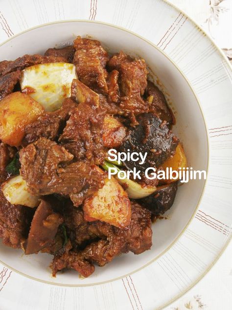 When you make galbi-jjim, pork is much tender than beef. Use enough onion, garlic and ginger so the taste will be increased. Pork Galbi Jjim, Galbi Jjim, Garlic And Ginger, Spicy Pork, Korean Food, Kimchi, The Taste, Ginger, Garlic