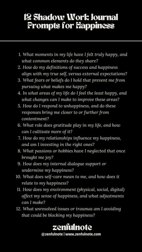 Exploring your sense of happiness through shadow work can help uncover hidden barriers to joy and fulfillment, revealing deeper truths about what truly makes you content. Approaching these questions requires an open mind and a willingness to explore the depths of your own psyche. Shadow Work Prompts, Shadow Work Journal Prompts, Work Journal Prompts, Shadow Work Spiritual, Shadow Work Journal, Daily Journal Prompts, Work Journal, Deep Truths, Writing Therapy