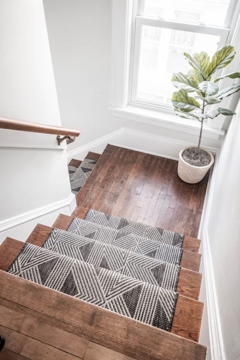 DIY Stair Runner With Wood Landing, Cherished Bliss Stair Runner Farmhouse, Hall Stairs Landing, Stair Case Banister, Stairs With Runners And Landing, Stairs With A Runner, Diy Stair Runner With Landing, Stairs With Runners, Simple Stairs Renovation, Bare Stairs