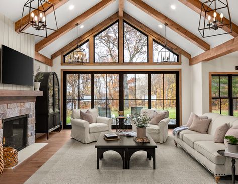 Great Room Addition, Cathedral Ceiling Living Room, Vaulted Ceiling Living Room, Family Room Addition, Modern Farmhouse Living, Modern Farmhouse Living Room, Casa Container, Home Addition, Barn Style House