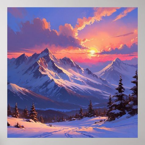 Vibrant Sunset Mountain Landscape Painting Sunset Mountain Painting, Mountain Sunset Painting, Cabin In The Mountains, Wallpaper Watercolor, Sunrise Painting, Mountain Landscape Painting, Mountain Painting, Mountain Sunset, Nature Posters