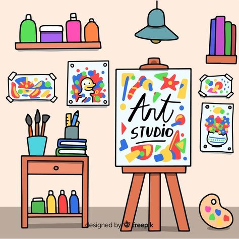 Dream Art Room Drawing, Workplace Illustration, Dream Art Room, Color Wheel Projects, Seni Mural, Teaching Drawing, Cartoon Artist, Creating Artwork, Cardboard Art