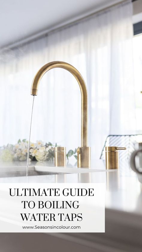 contemporary kitchen design with an instant boiling water tap in brushed gold colour Hot Water Tap, Boiling Water Tap, Popular Kitchen Designs, Cosy Spaces, Design Your Kitchen, First Kitchen, Kitchen Worktop, Boiling Water, Kitchen Taps