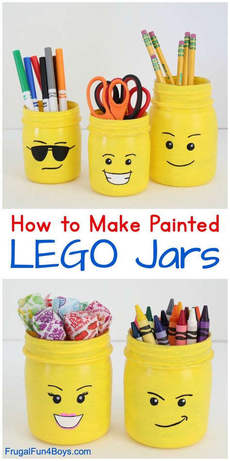 How to Make Painted LEGO Jars - Frugal Fun For Boys and Girls Organizing School Supplies, Lego Classroom Theme, Diy With Kids, Organizing School, Lego Room Decor, Lego Bedroom, Lego Themed Party, Lego Diy, Lego Activities