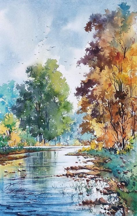 Watercolor Scenery, Tree Watercolor Painting, Watercolor Art Landscape, Landscape Painting Tutorial, Watercolor Pictures, Watercolour Inspiration, Landscape Paintings Acrylic, Landscape Art Painting, Watercolor Painting Techniques