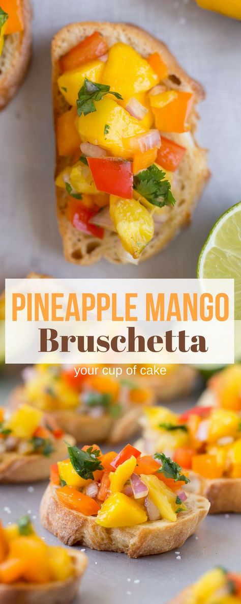 Pineapple Mango Bruschetta! This is THE BEST summer bruschetta and I will be making it all summer long. It is the perfect BBQ appetizer. #summer #recipe #appetizer #easy #fresh #simple #quick #fruit #food #snack Bruschetta Vegetarian, Mango Bruschetta, Summer Bruschetta, Vegetarian Appetizer, Bbq Appetizers, Vegetarian Mexican, Summer Recipe, Food Snack, Easy Summer Meals