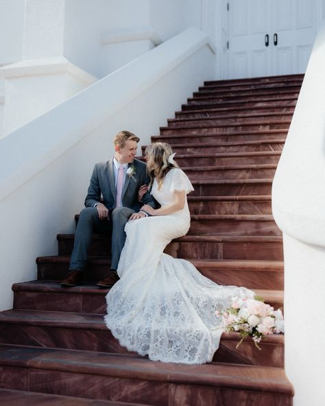 Saint george utah, lds temple, saint george temple, bridals, lace wedding dress, modest wedding dress, grey suit, pink flower inspo, wedding inspo St George Temple Wedding, Lace Wedding Dress Modest, Temple Wedding Pictures, Saint George Utah, St George Temple, Hobbit Wedding, Temple Wedding Photos, Wedding Dress Modest, Lds Temples Wedding