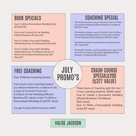 The #birthday #promo keep coming! Notary Public and/or Wedding Officiant Virtual Coaching Sessions 30 minutes includes a copy of the book: How to Create a Successful Wedding Officiant Business: The Manual $40 ($70 value) 30 minutes includes a copy of the book How to Write a Personalized Wedding Script or Forms and Contracts for the Wedding Officiant Business $30 ($57 value) 60 minutes includes a personalized coaching session $70 (Save $30) 60 minutes includes coaching session and a copy ... Non Traditional Wedding Officiant Script, Officiant Introduction, Ceremony Script For Officiant Funny, Officiant Welcome Script, Ceremony Outline For Officiant, Wedding Officiant Business, Wedding Script, Notary Public, Wedding Officiant