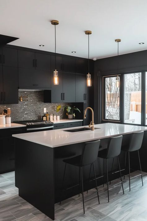 32 Black Kitchen Cabinet Ideas: Depth Without the Dark Dark Modern Kitchen, Black And Grey Kitchen, All Black Kitchen, Black Kitchen Cabinet, Modern Black Kitchen, Kitchen 2024, Kitchen Cabinet Ideas, Black Kitchen Island, Black Kitchen Cabinets