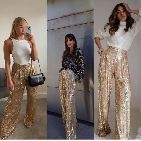 New With Tag. High-Waist Trousers With Sequin Appliqus. Wide-Leg Design. Invisible Zip Fastening. Composition Outer Shell 93% Polyester 7% Elastane 2124/102 Boxt36(Xl)10b Gold Sequin Pants Outfit, Sequins Pants Outfit, Gold Sequin Pants, Black Dress Trousers, Total Girl, Gold Pants, 70s Inspired Fashion, Zara Gold, Zara Jumpsuit