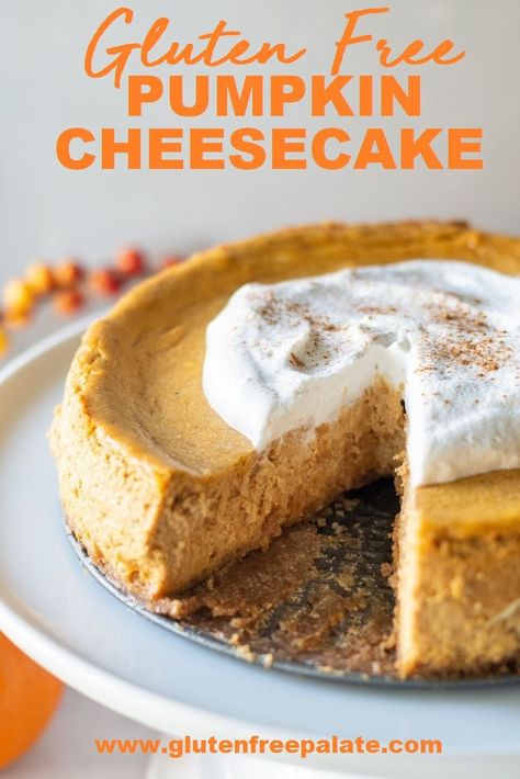 Easy Gluten Free Pumpkin Cheesecake. You choose if you want a gingersnap crust or a graham cracker crust. Pro tips included! Gluten Free Pumpkin Cheesecake, Aip Desserts, Gingersnap Crust, Pumpkin Cheesecake Recipes, Gluten Free Thanksgiving, Gluten Free Cheesecake, Thanksgiving 2020, Fall Foods, Gf Desserts