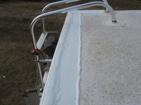 RV Roof Seal Tips by Eddie - http://rvhappyhour.com/rv-roof-seal-tips-eddie/ - I just got off the roof doing maintenance on the EPDM rubber roof back seams. The factory seal is a trim rail with a wide bead of “Dicor” sealant for the joint between the rubber roof and fiberglass nose cone in the front and the rear fiber glass wall is the same way. Some of you know we had to replace the entire back end of our camper last winter due to water damage. #RV #Tips Rv Necessities, Camper Mods, Rubber Roof, Rv Solar Power, Rv Renovation, Roof Coating, Rv Solar, Rv Repair, Rv Maintenance