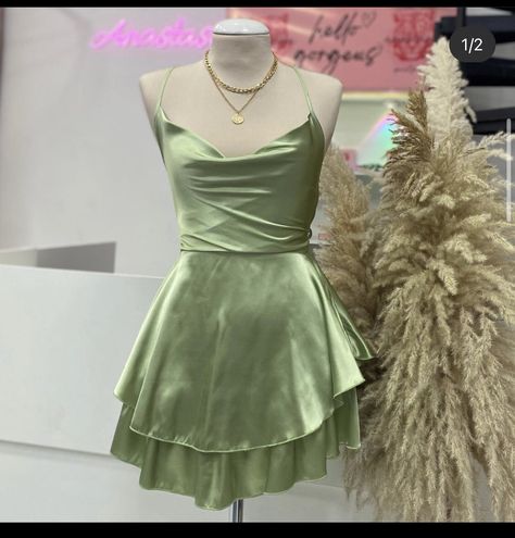 Green Gala Dresses Short, Light Green Short Satin Dress, Sage Green Silk Dress Short, Tinkerbell Dress Aesthetic, Greek Mythology Hoco Dress, Short Green Hoco Dresses, Enchanted Forest Theme Dress Homecoming, Enchanted Garden Dress Homecoming, Tiana Hoco Dress