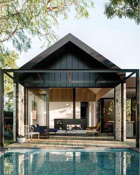 modern | timeless | lifestyle on Instagram: “Pool house envy 👏👏👏 Fab swim up pool ✔️ Black external panelling ✔️Pavilion pitched roof ✔️ Indoor feature fireplace ✔️ A perfect spot to sit…” Living Pool, Gable House, Storey Homes, Design Your Dream House, Cathedral Ceiling, Local Design, Architect Design, Pool House, Living Design