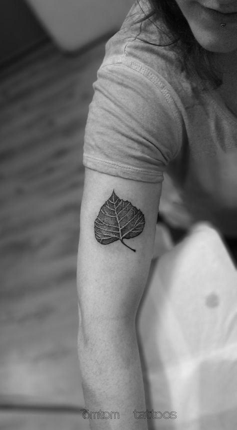 leaf tattoo by tomtomtattoos Cottonwood Leaf Tattoo, Bodhi Leaf Tattoo, Bodhi Tattoo, Cottonwood Leaf, Buddhist Tattoo, Leaf Tattoo, Arm Tats, Bodhi Leaf, Map Tattoos