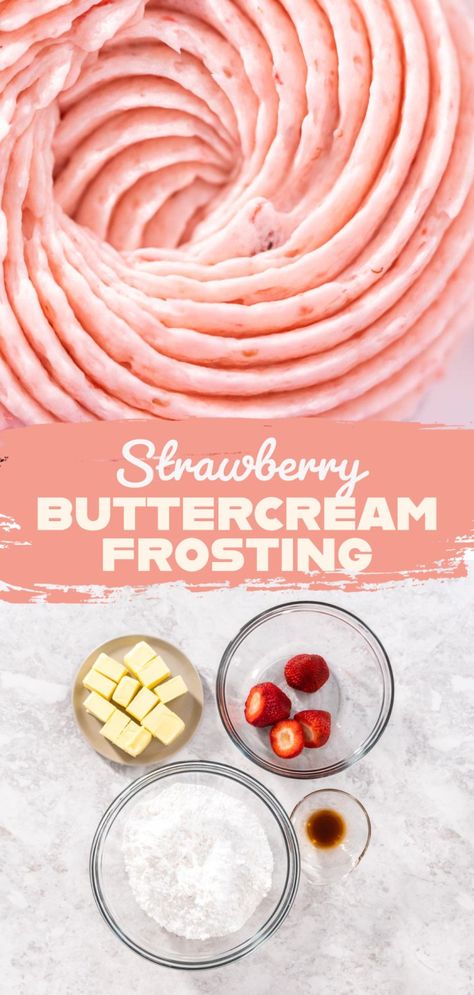 Strawberry Buttercream Frosting How To Decorate A Strawberry Birthday Cake, Strawberry Cake With Buttercream Icing, Aesthetic Strawberry Cake, Strawberry Cake Aesthetic, Cake Recipe Strawberry, Strawberry Frosting Recipes, Strawberry Cake Decorations, Strawberry Cake Recipe, Strawberry Buttercream Frosting