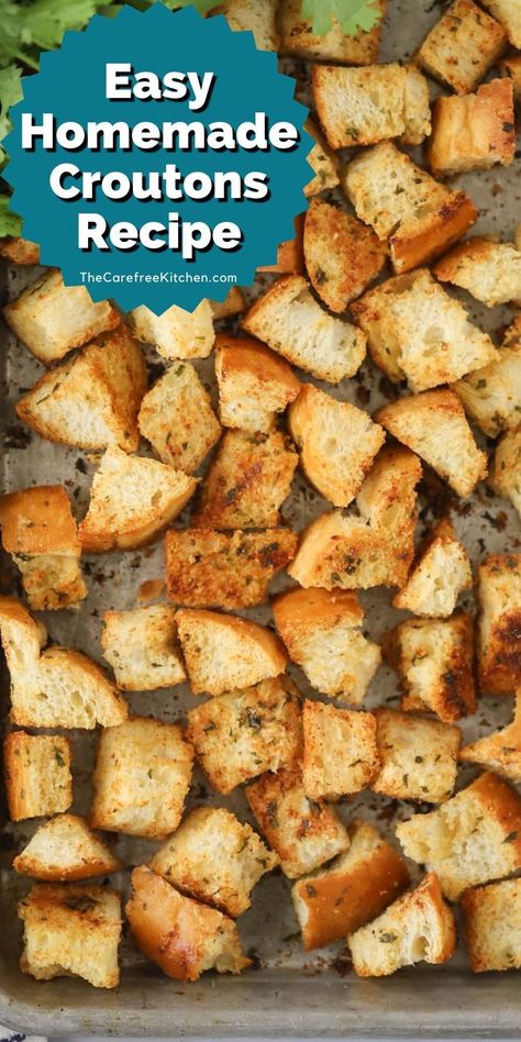 Learn how to make Homemade Croutons from scratch with this quick and easy recipe. They’re buttery, garlicky, and super simple to make from just about any type of bread. How To Make Croutons, Crouton Recipes, Homemade Stuffing, Stuffing Ingredients, Tomato Soup Homemade, Satisfying Salads, Leftover Bread, Croutons Homemade, Bread Butter