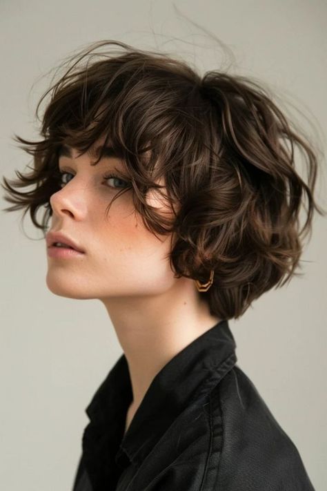 Layered Haircut Short Hair, Queer Haircuts Long, Curly Shaggy Bob, Naturally Wavy Short Hair, Short Messy Hair, 90s Pixie Cut, Wavy Pixie Haircut, Queer Haircut, Feminine Short Hair